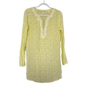 Soft Joie Carney Tunic Dress Block Print Scroll Detail Sheer Yellow Size Medium